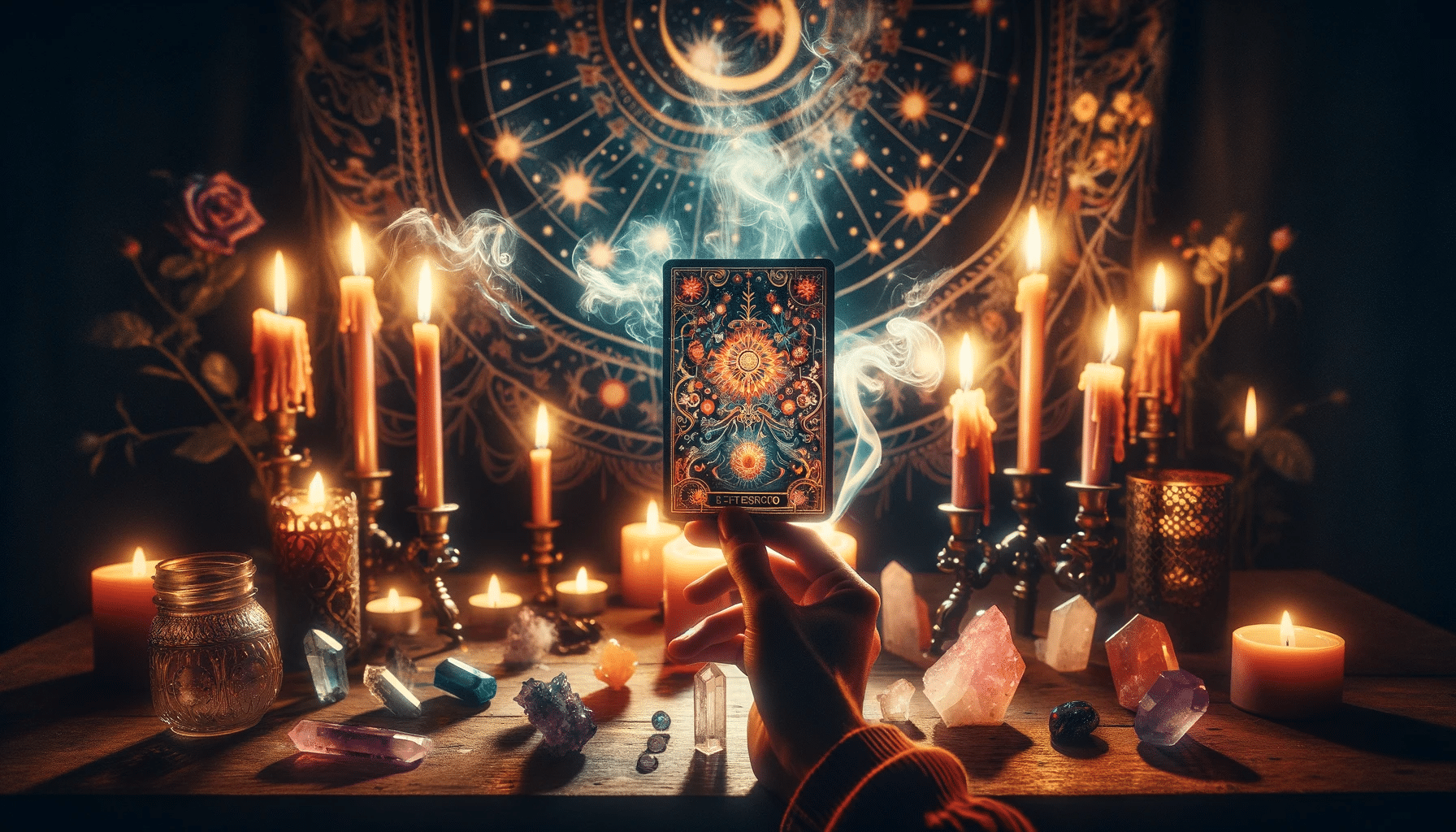 A hand turns a colorful Tarot card, surrounded by tarot card interpretation symbols meanings, crystals, and incense in a candlelit room with a starry tapestry.