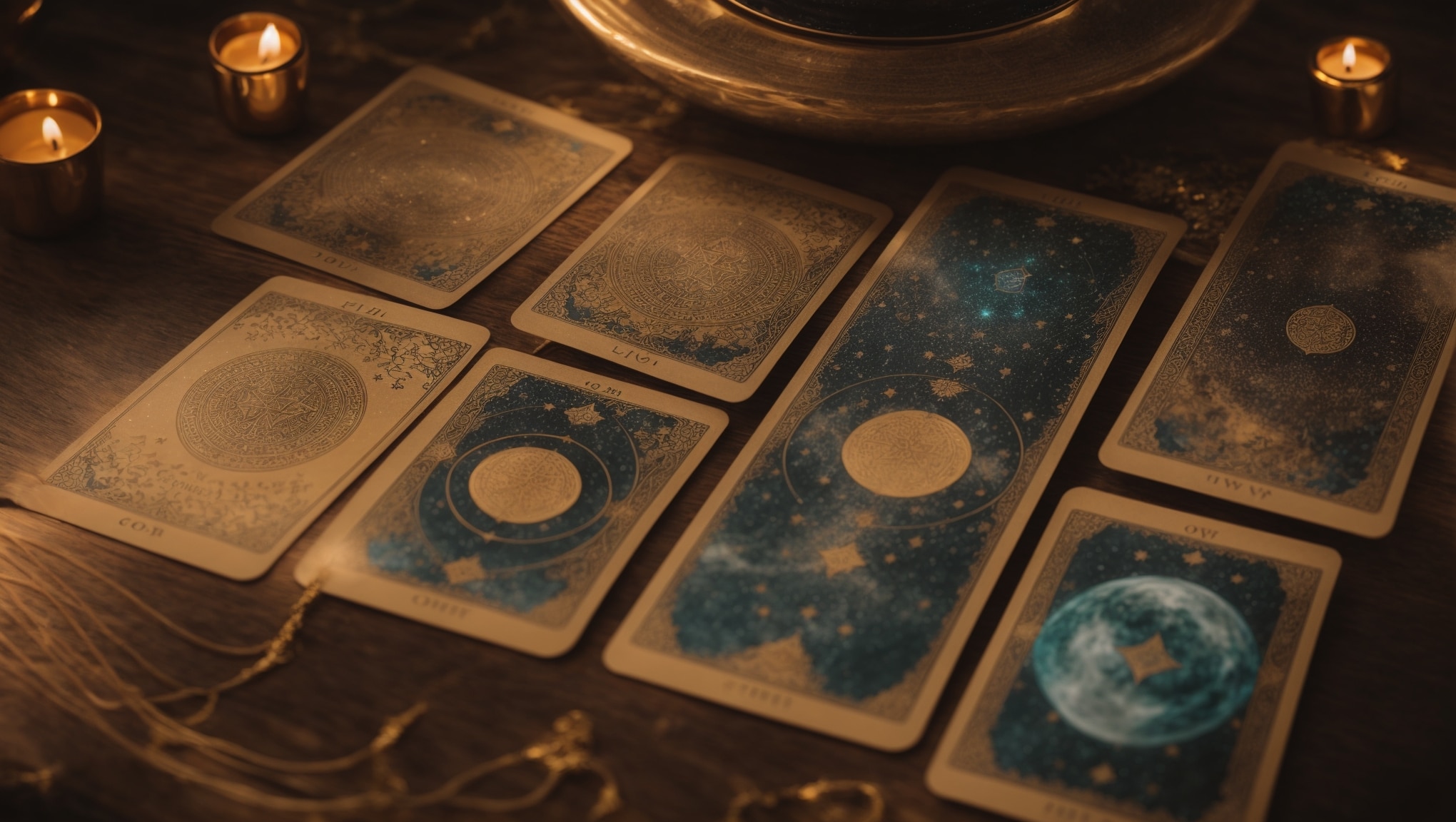 Eleven tarot cards with unique meanings and correspondences are surrounded by symbols like stars and zodiac signs on a mystical background with a soft glow.