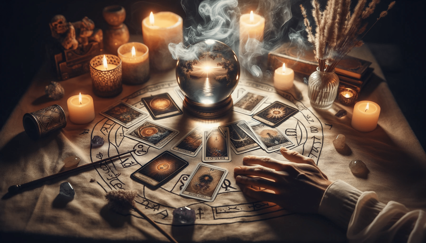 A hand spreads tarot cards on a cloth with a crystal ball and incense, hinting at tarot card meanings and interpretations.