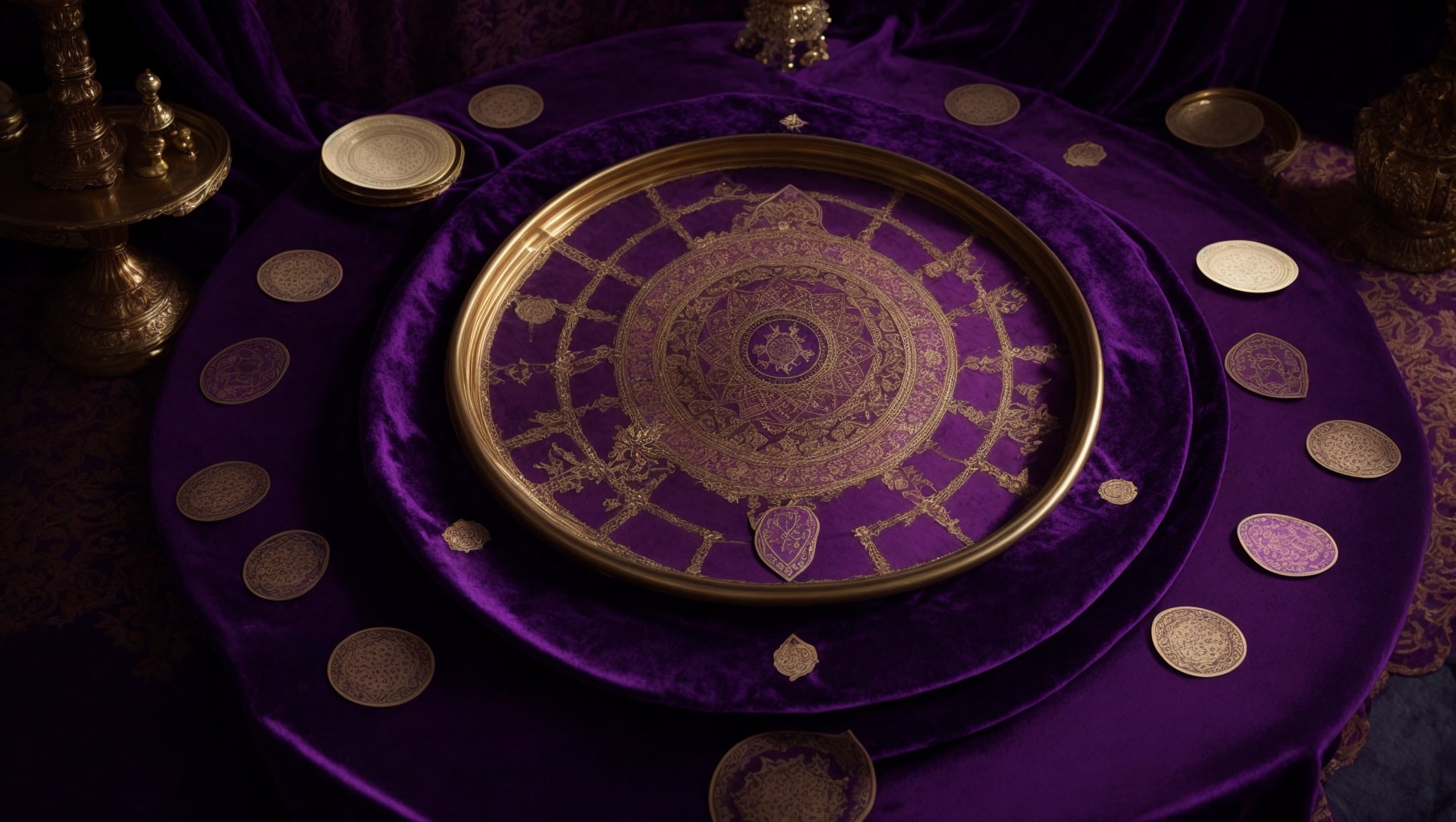 A mystic table with purple velvet holds a circle of 22 Major Arcana tarot cards, central crystal ball glowing for understanding major arcana tarot meanings.