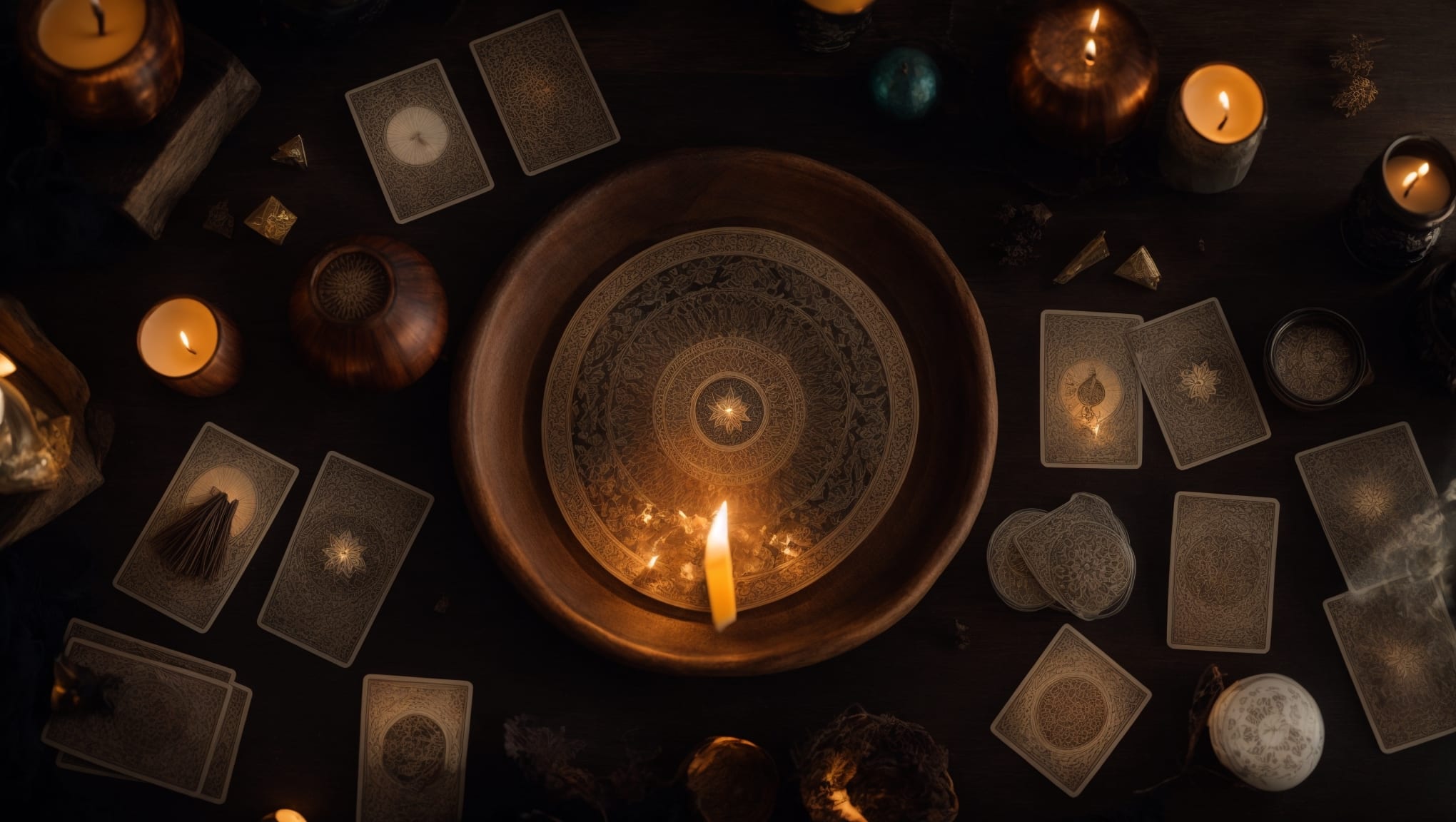 An overhead view of 15 detailed tarot cards on a table, hinting at understanding tarot card meanings, with a candle and crystal ball in the back.